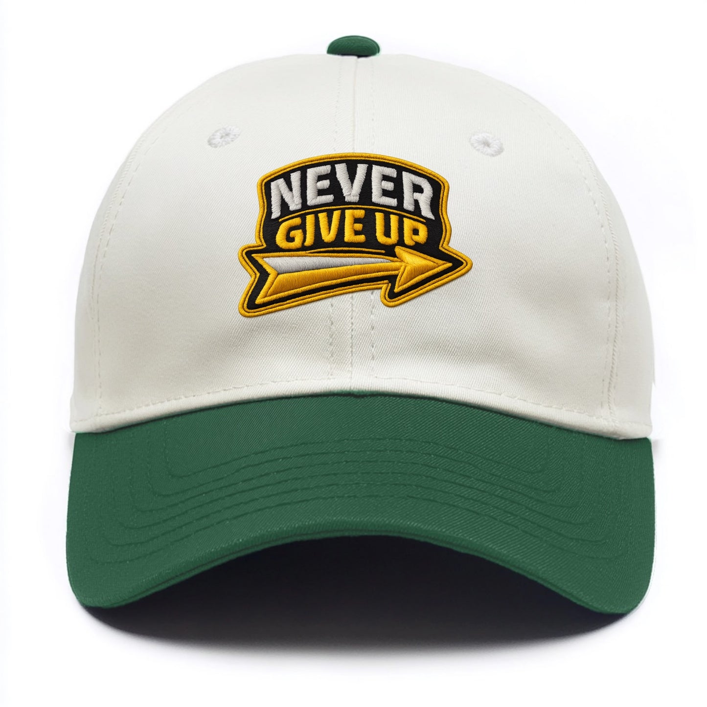 NEVER GIVE UP - bold text with arrow in gold , determination - Two Tone Cap - Green