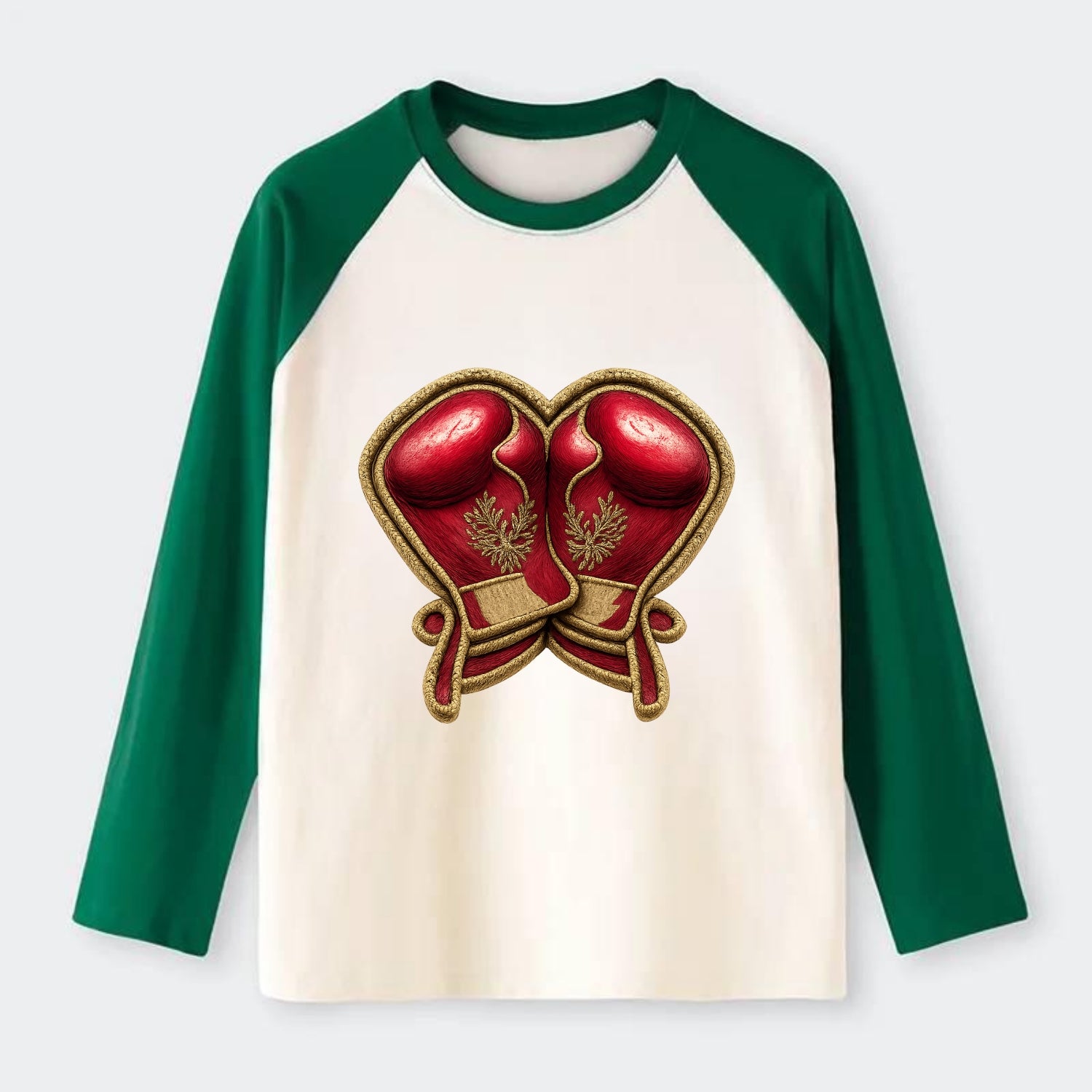 Embroidered patch design - BOXING GLOVES - red boxing gloves crossed - Raglan Long Sleeve T-Shirt - Green