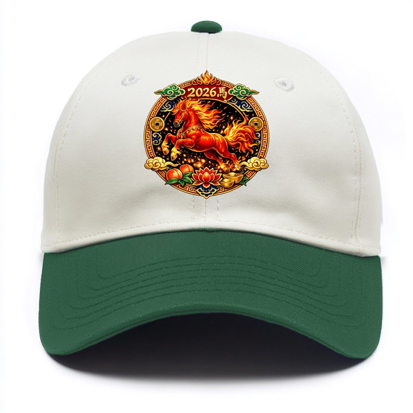 FIRE HORSE | Flaming mane and tail horse | Blazing orange and red colors | Dynamic - Two Tone Cap - Green