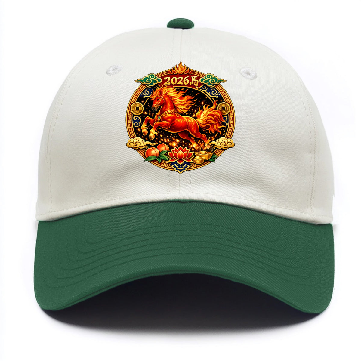 FIRE HORSE | Flaming mane and tail horse | Blazing orange and red colors | Dynamic - Two Tone Cap - Green