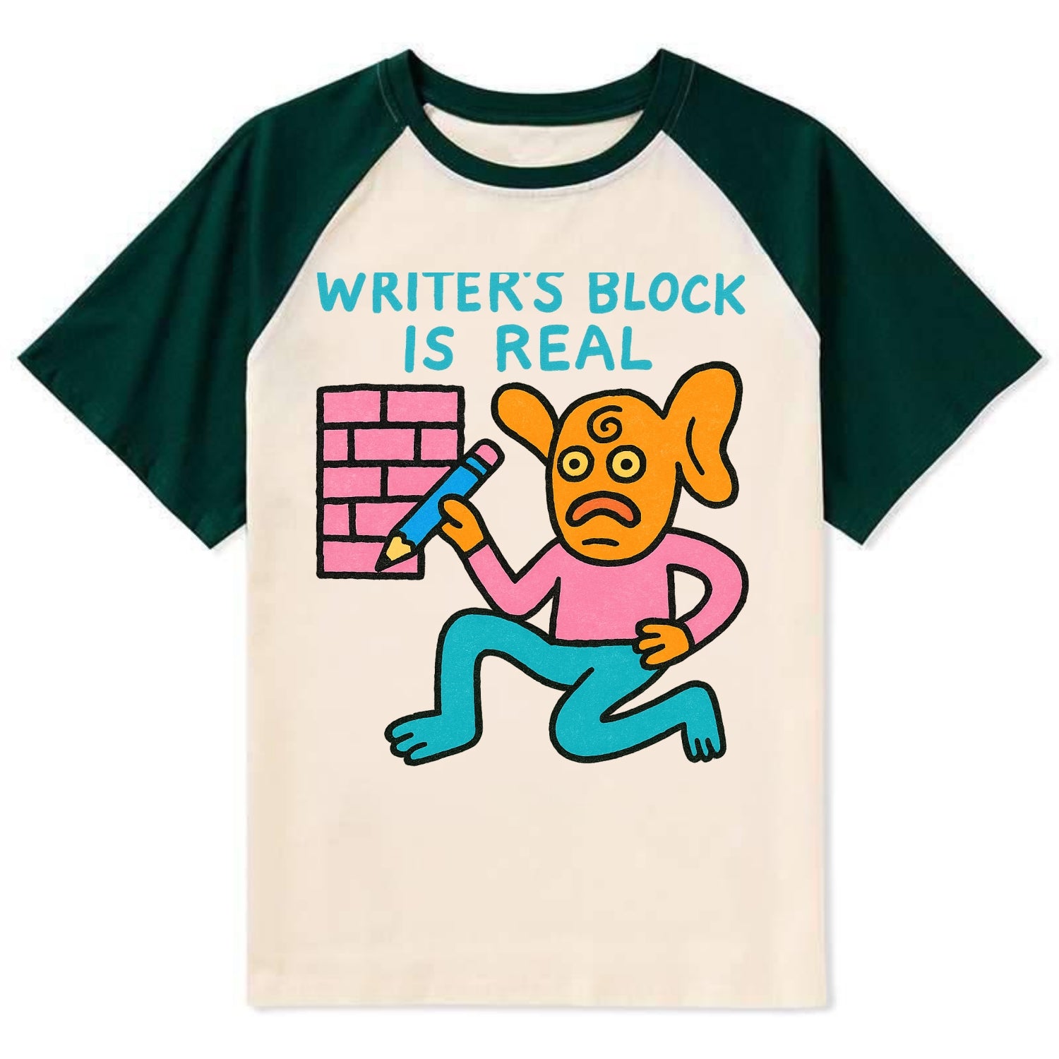WRITERS BLOCK IS REAL | Brick wall with pencil - Contrast Raglan T-shirt - Green