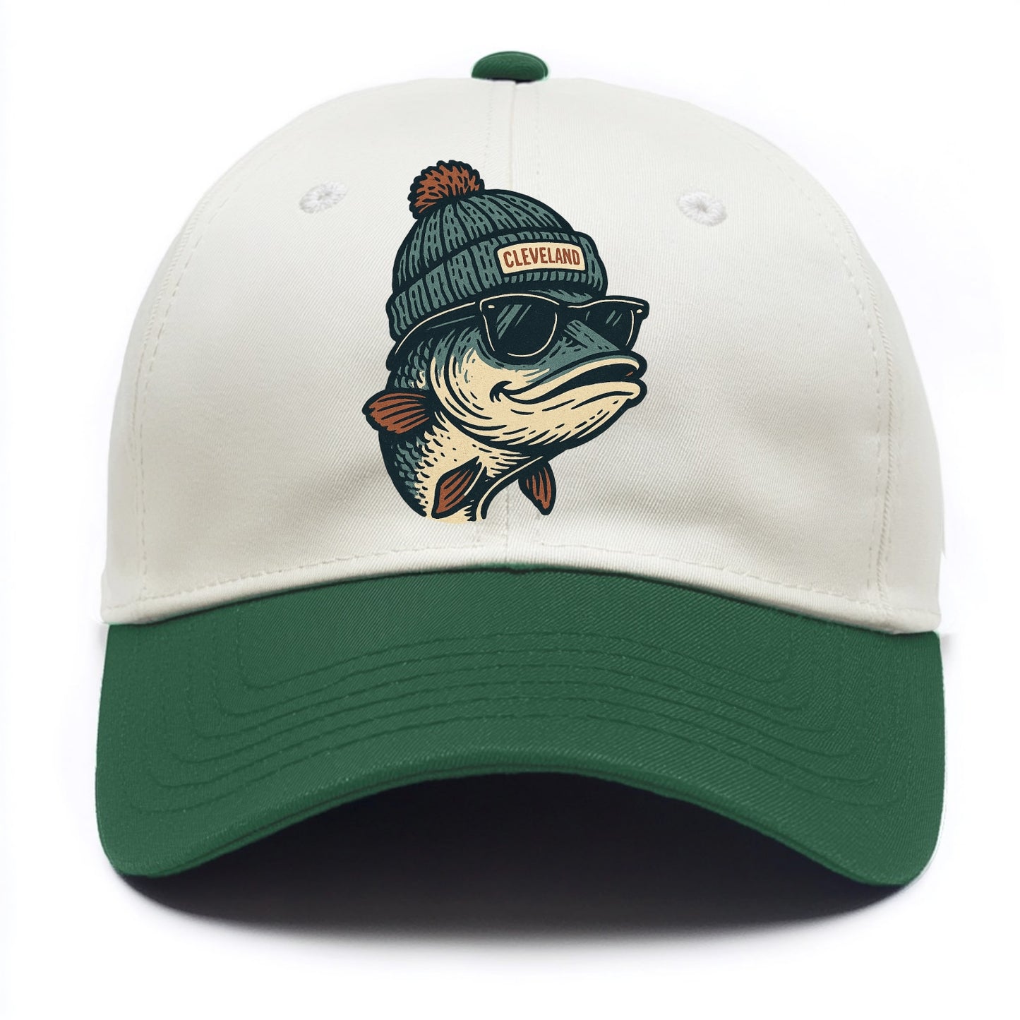 Cleveland Lake Erie Walleye wearing Cleveland beanie with pom pom and wayfarer - Two Tone Cap - Green