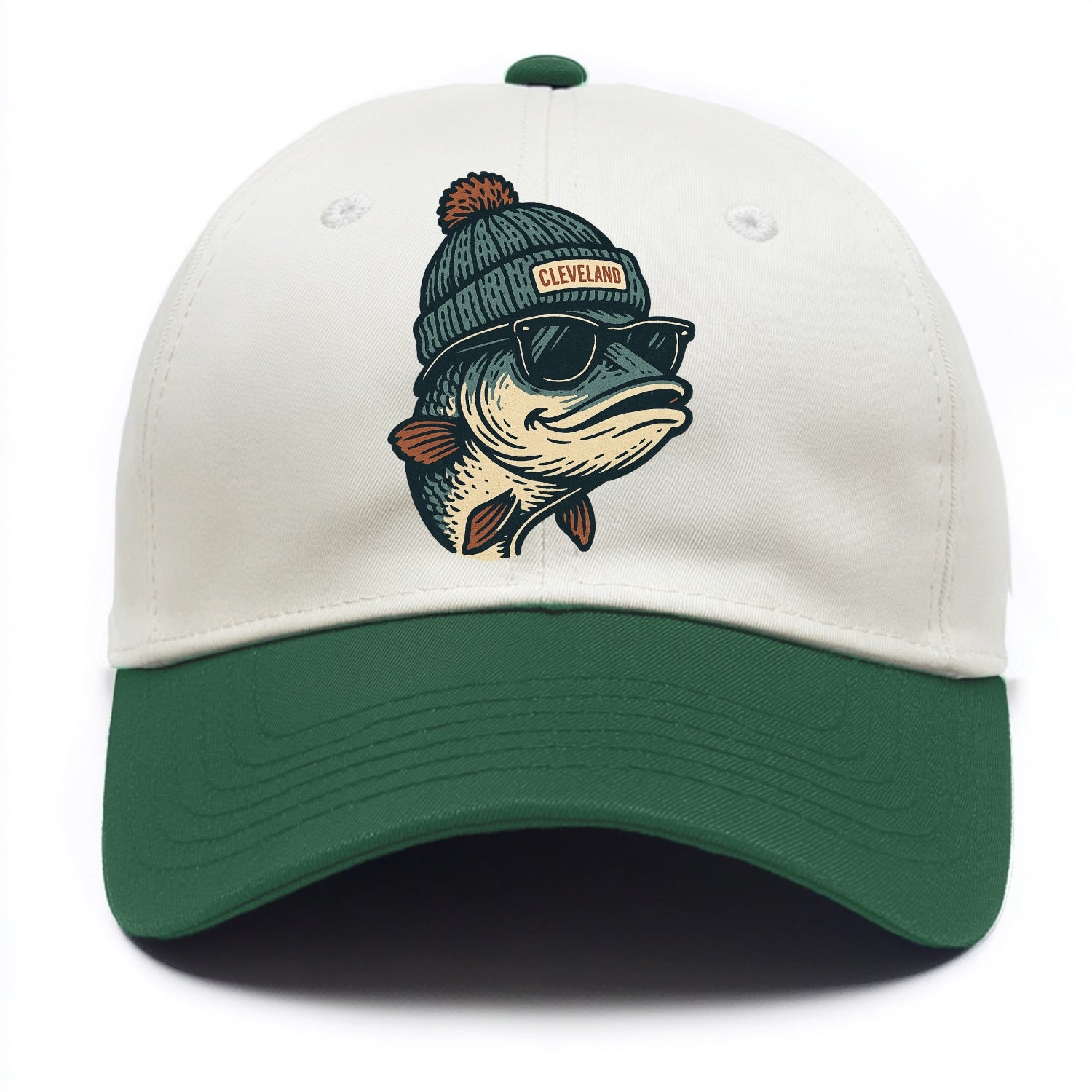 Cleveland Lake Erie Walleye wearing Cleveland beanie with pom pom and wayfarer - Two Tone Cap - Green