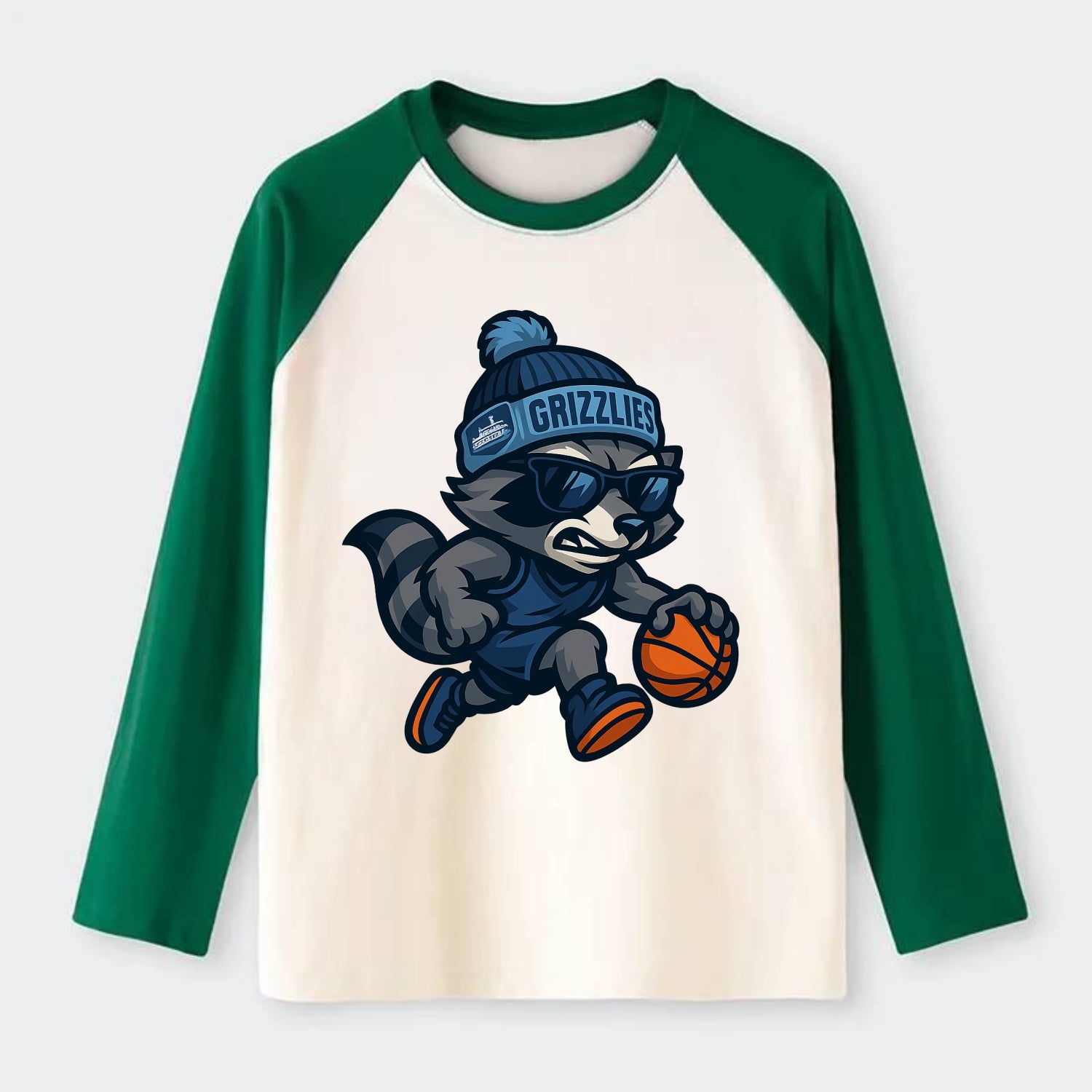 Memphis Raccoon wearing Grizzlies beanie with riverboat patch and - Raglan Long Sleeve T-Shirt - Green