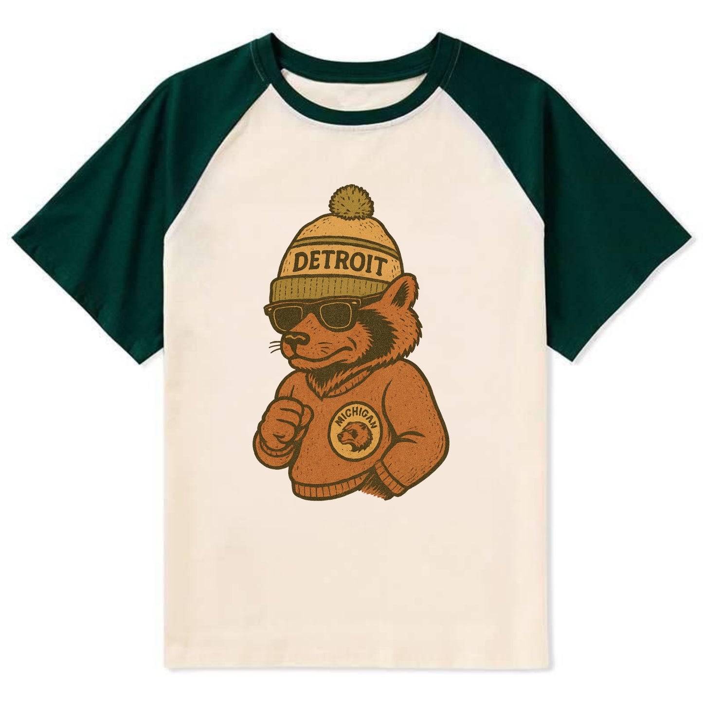 Michigan Wolverine wearing Detroit beanie with pom pom and wayfarer - Contrast Raglan T-shirt - Green