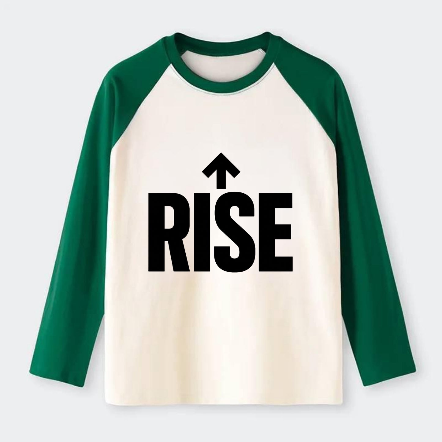 Bold typography design - "RISE" - getting up, ascending, elevating - Raglan Long Sleeve T-Shirt - Green