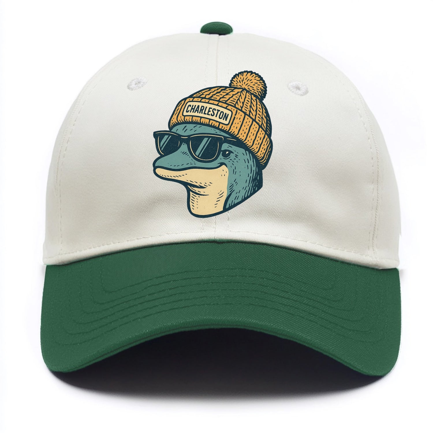 Charleston Dolphin wearing Charleston beanie with pom pom and wayfarer sunglasses - Two Tone Cap - Green
