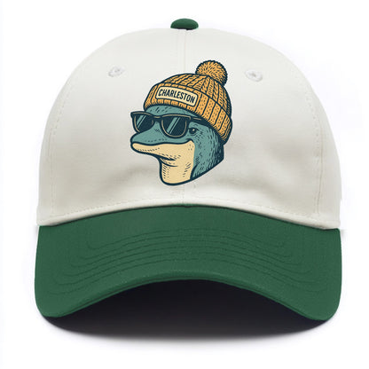 Charleston Dolphin wearing Charleston beanie with pom pom and wayfarer sunglasses - Two Tone Cap - Green