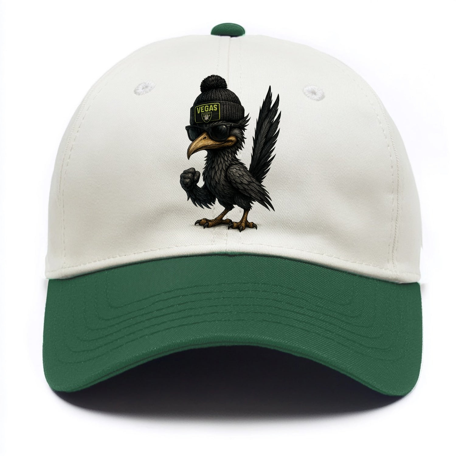 Vegas Roadrunner wearing Raiders beanie with neon patch and wayfarer sunglasses - Two Tone Cap - Green