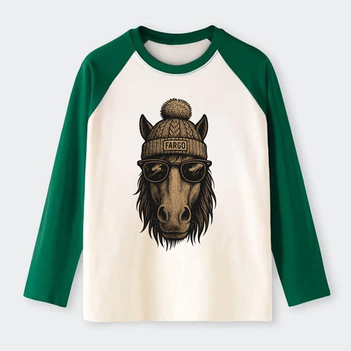 North Dakota Nokota Horse wearing Fargo beanie with pom pom and - Raglan Long Sleeve T-Shirt