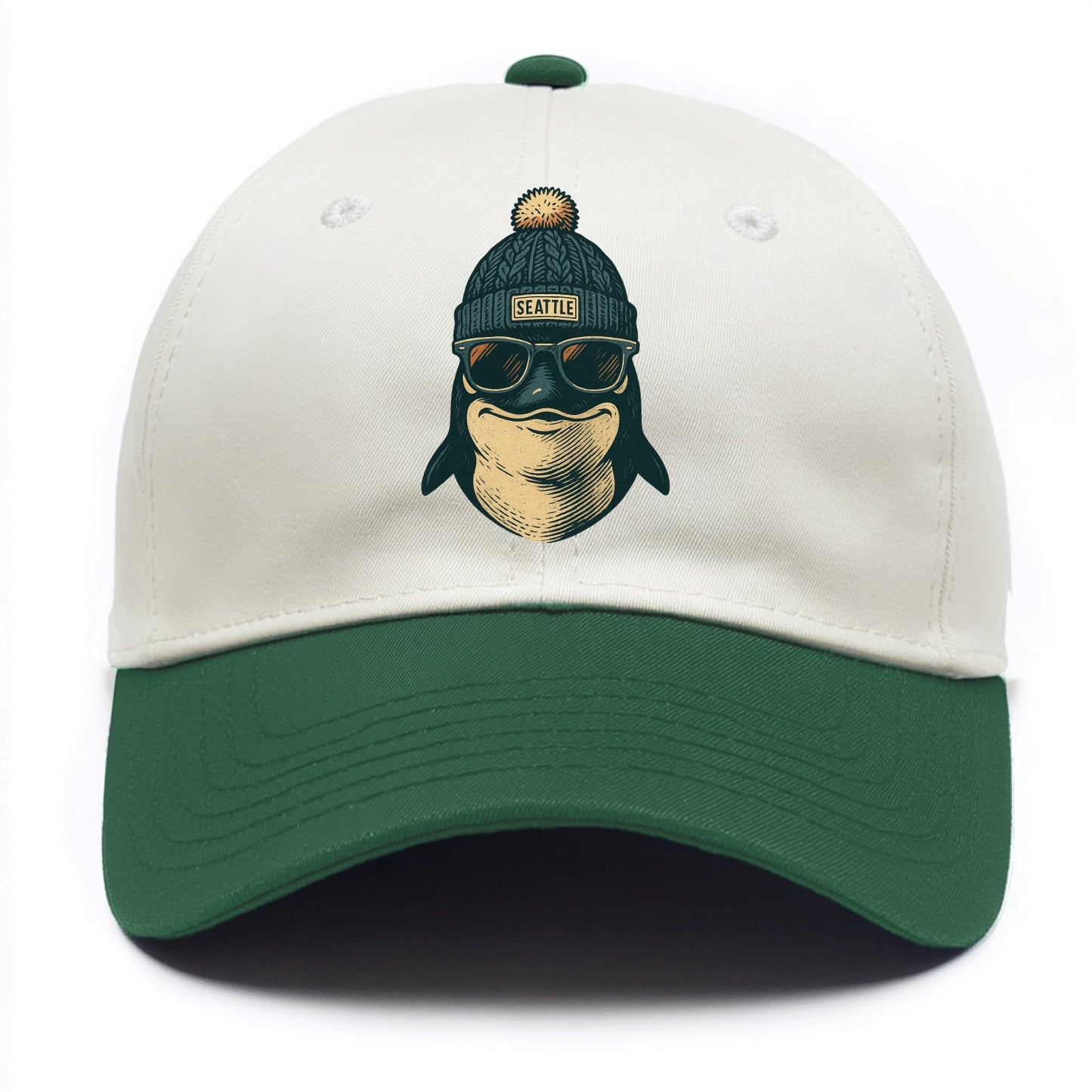 Washington Orca wearing Seattle beanie with pom pom and wayfarer sunglasses - Two Tone Cap - Green