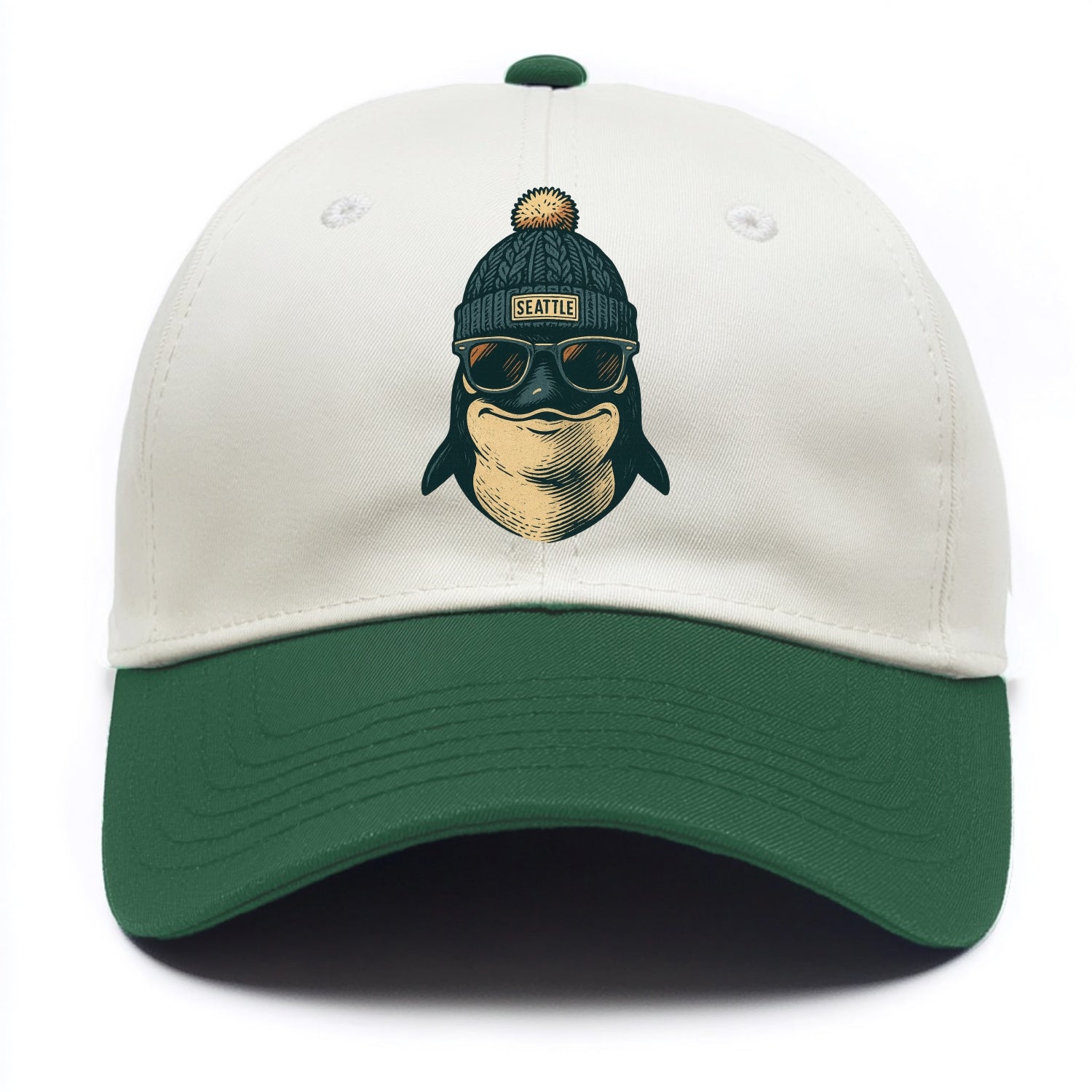 Washington Orca wearing Seattle beanie with pom pom and wayfarer sunglasses - Two Tone Cap - Green