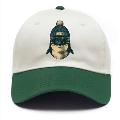 Washington Orca wearing Seattle beanie with pom pom and wayfarer sunglasses - Two Tone Cap - Green