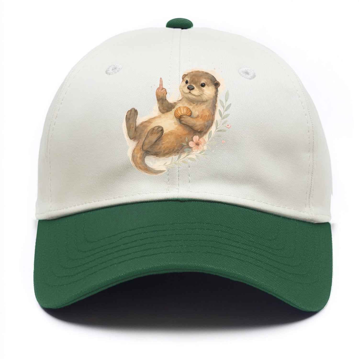 adorable otter floating on back, middle finger up while holding a shellfish - Two Tone Cap - Green