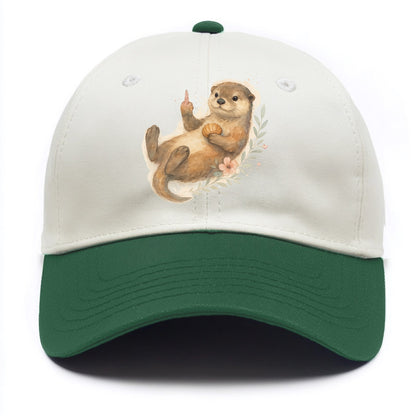 adorable otter floating on back, middle finger up while holding a shellfish - Two Tone Cap - Green