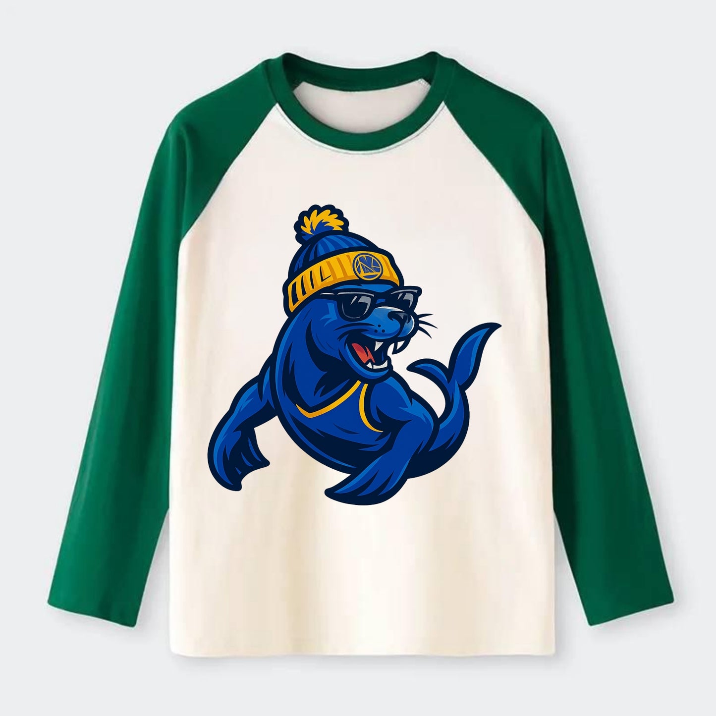 Bay Area Sea Lion wearing Warriors blue and gold beanie with Golden - Raglan Long Sleeve T-Shirt - Green