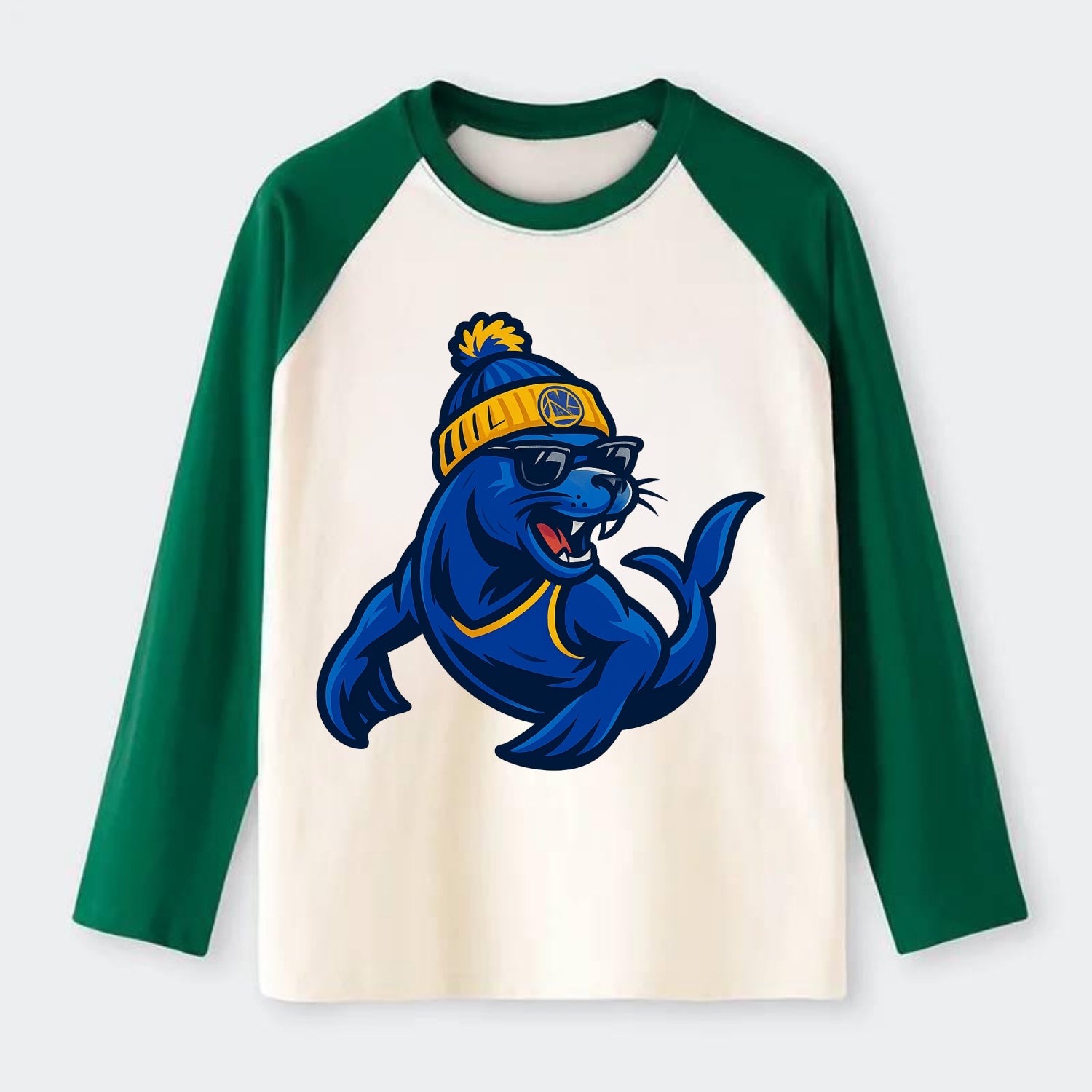 Bay Area Sea Lion wearing Warriors blue and gold beanie with Golden - Raglan Long Sleeve T-Shirt - Green