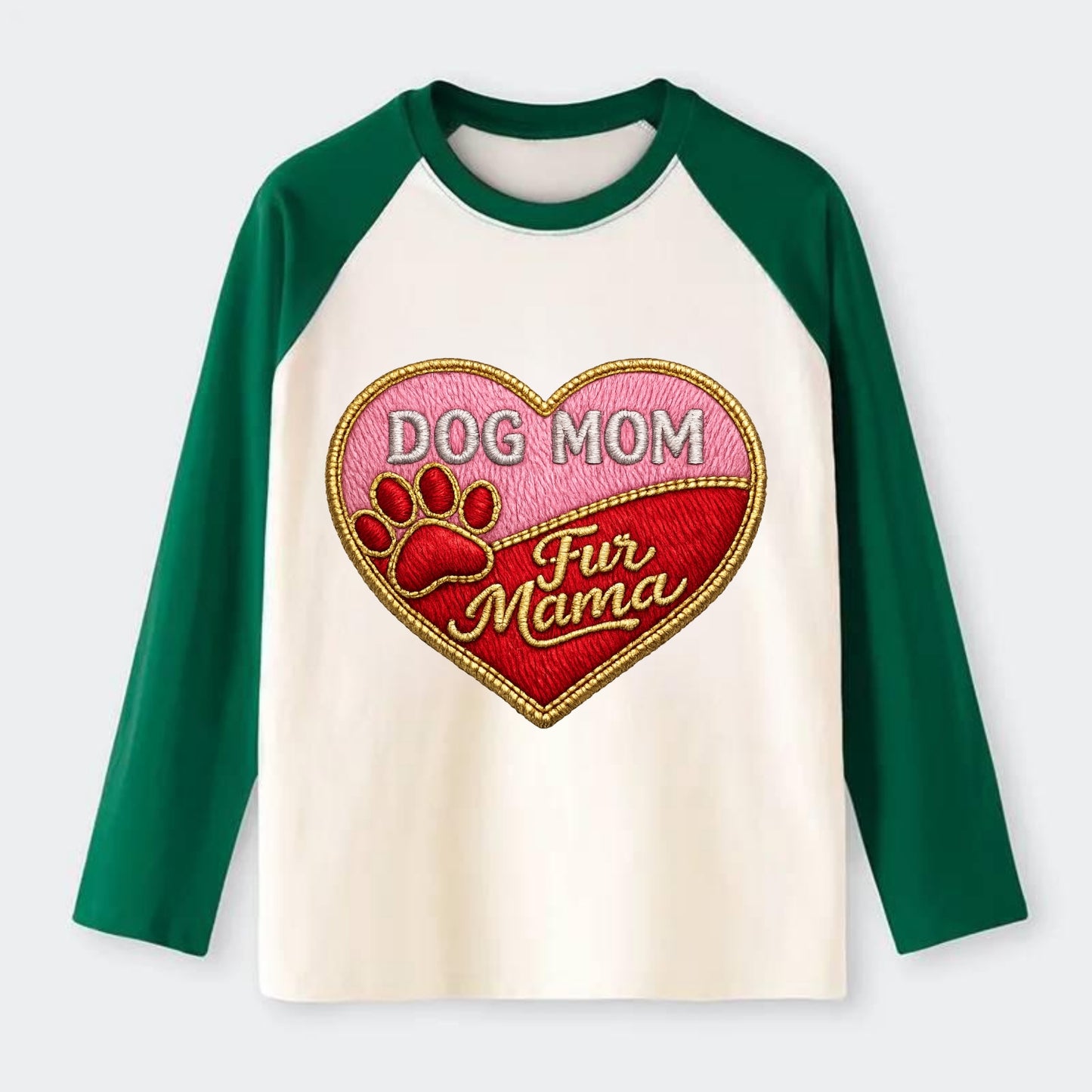 DOG MOM HEART - heart with paw print in pink and red , fur mama - Raglan Long Sleeve T-Shirt - Green