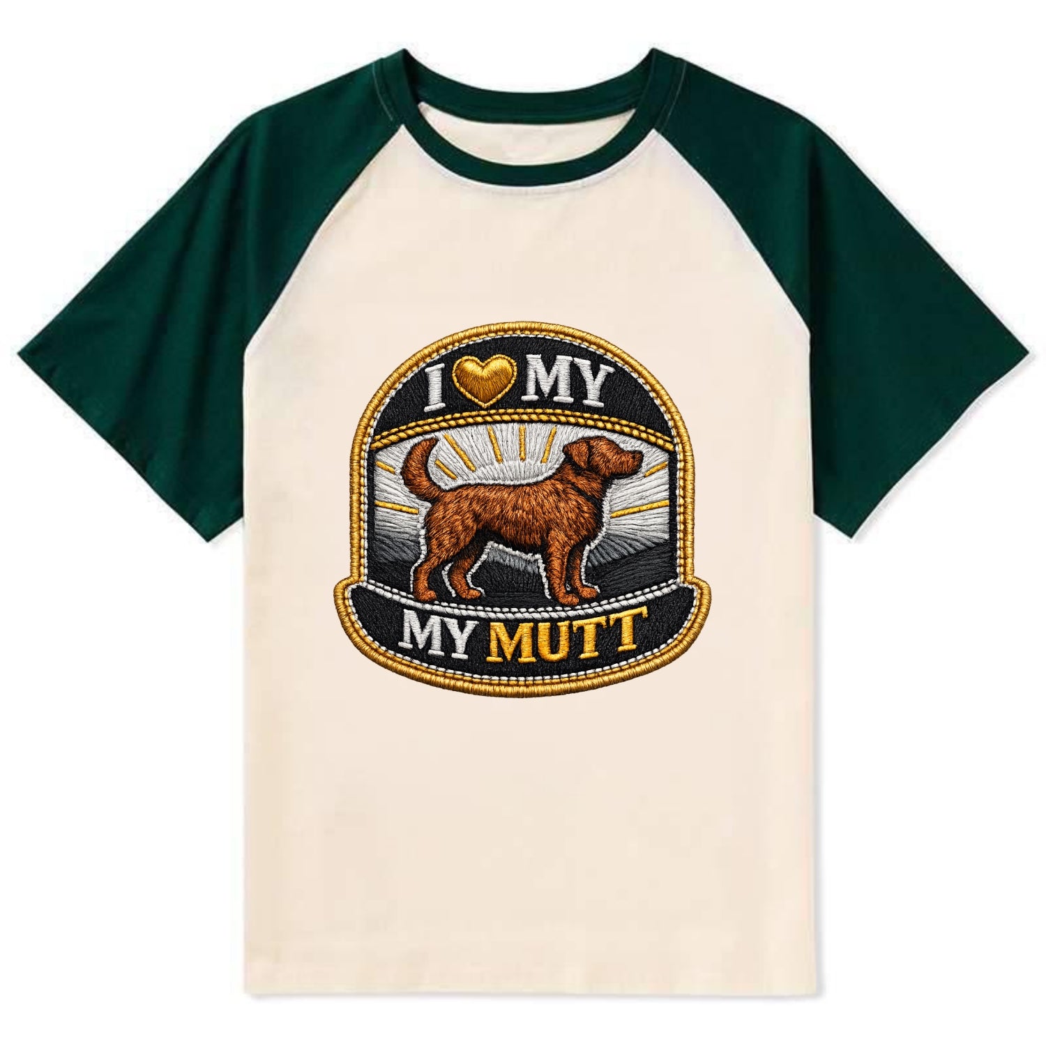 I LOVE MY MUTT - mixed breed silhouette in brown , rescue pride - Contrast Raglan T-shirt - Green
