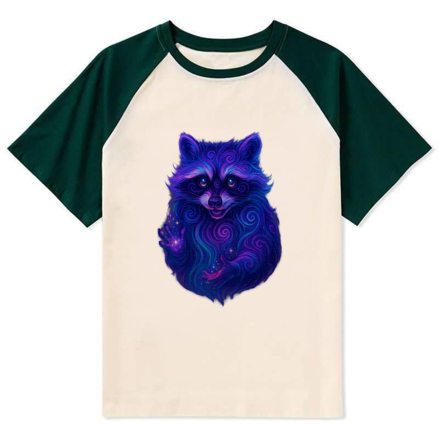 Playful raccoon with mask swirling in hypnotic patterns, neon purple and - Contrast Raglan T-shirt - Green