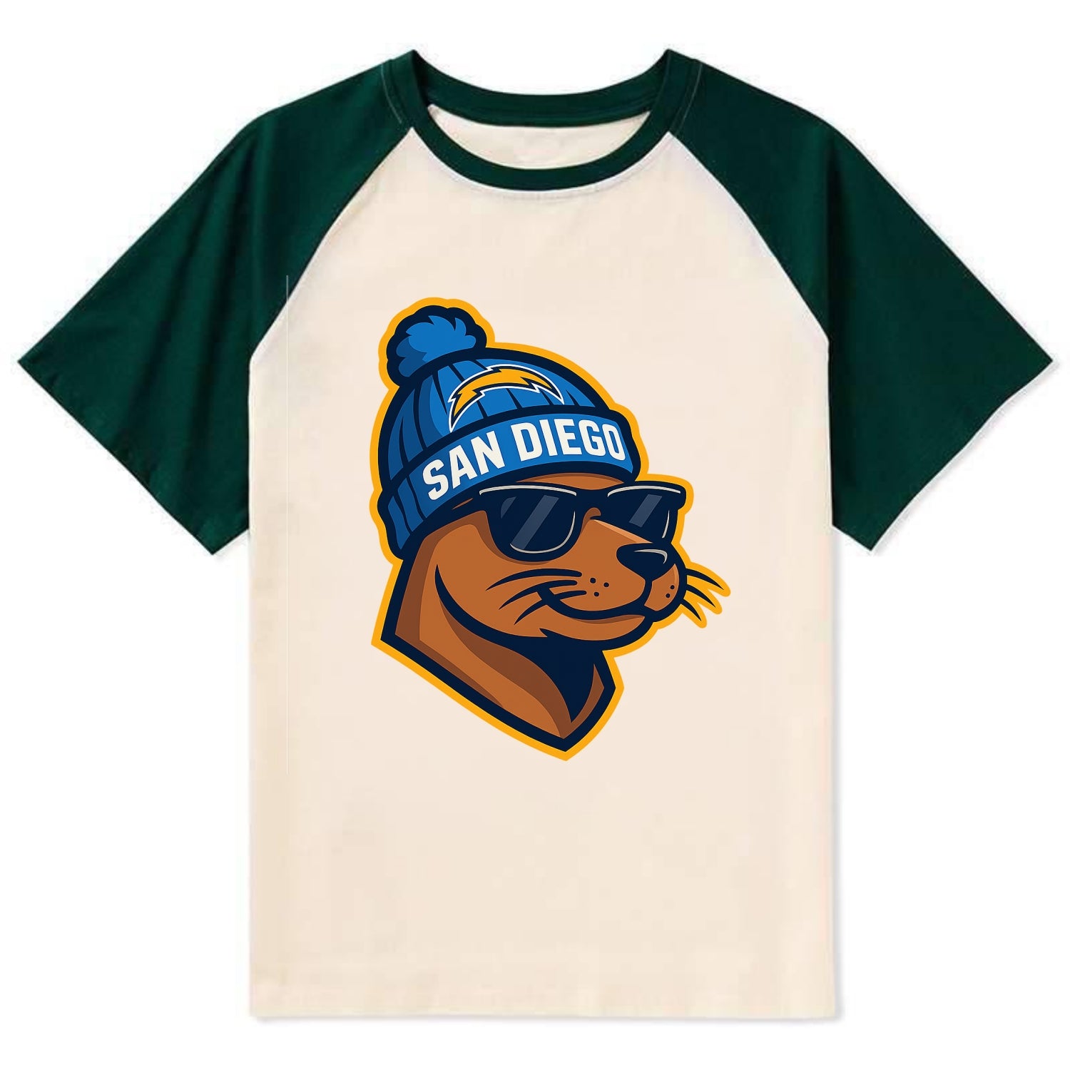 San Diego Sea Lion wearing Chargers beanie with bolt patch and wayfarer - Contrast Raglan T-shirt - Green