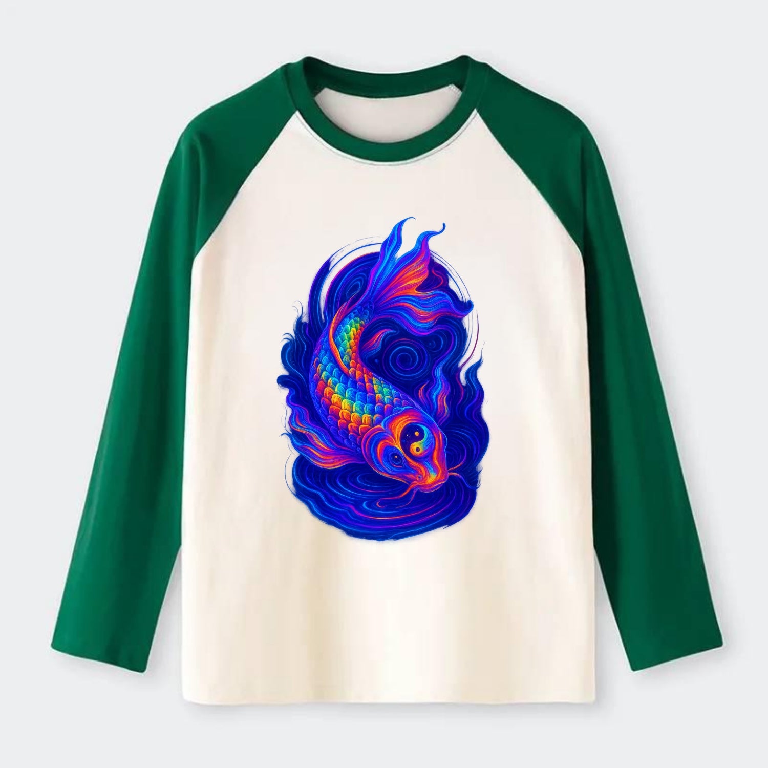 Sacred koi with scales reflecting rainbow prisms, yin-yang patterns in - Raglan Long Sleeve T-Shirt - Green