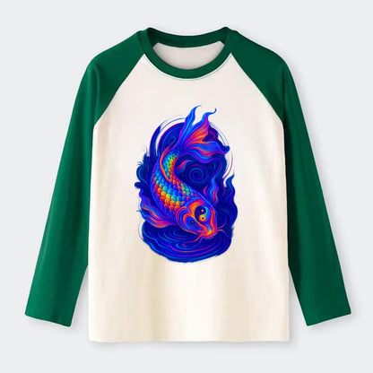 Sacred koi with scales reflecting rainbow prisms, yin-yang patterns in - Raglan Long Sleeve T-Shirt - Green
