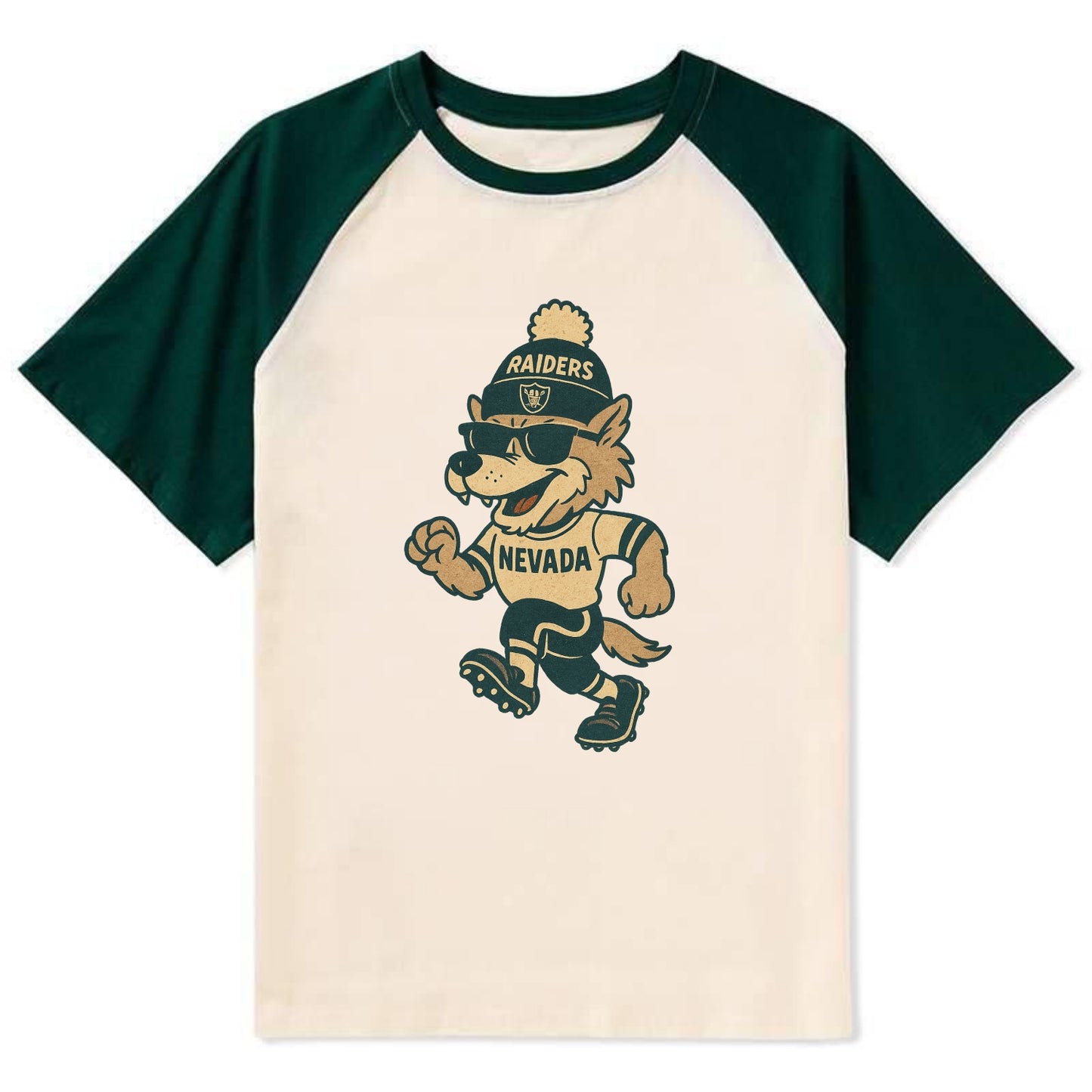 Nevada Wolf wearing Raiders beanie with outlaw patch and wayfarer - Contrast Raglan T-shirt - Green