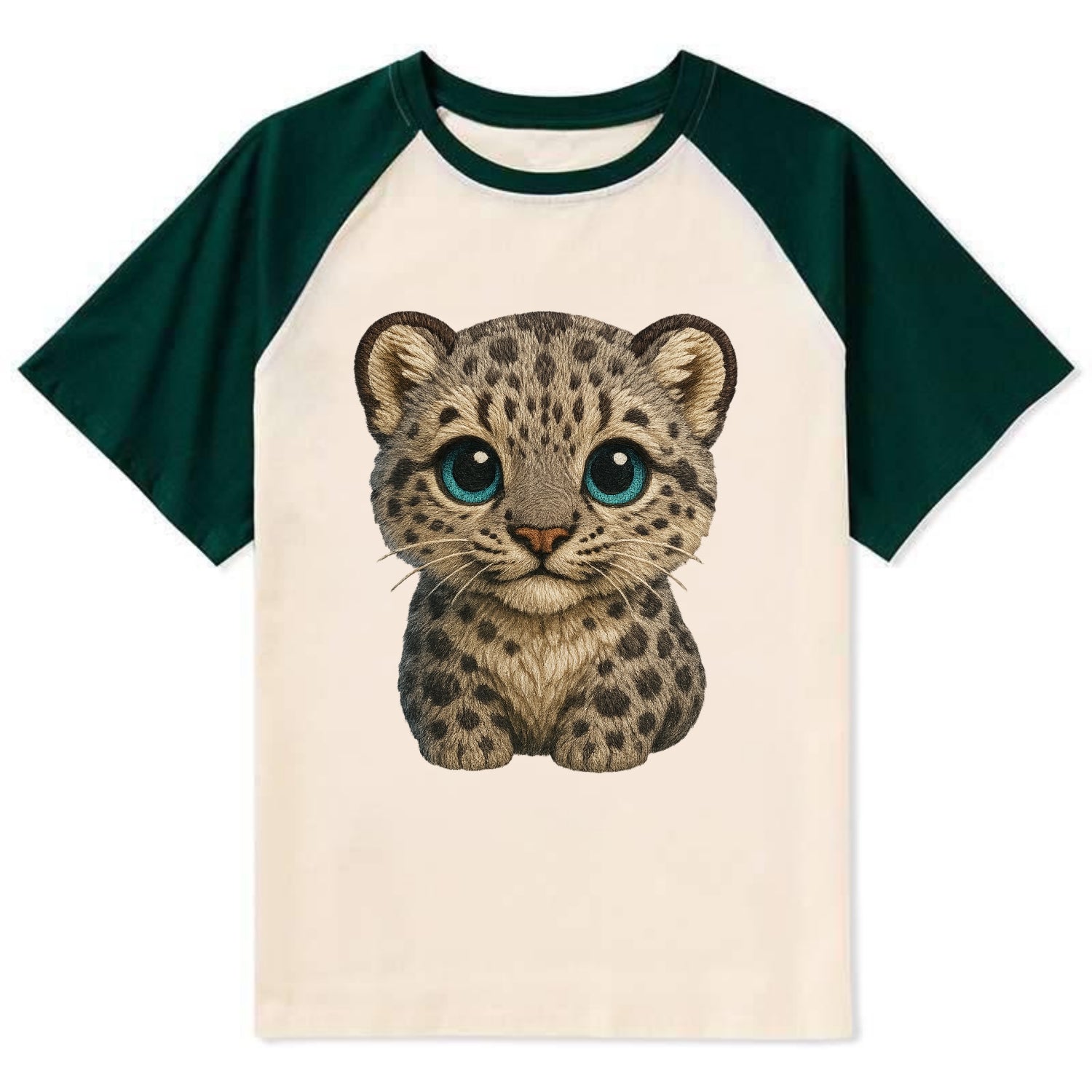 Baby Snow Leopard Cub - gray spotted, thick fur, blue-green eyes, - Contrast Raglan T-shirt - Green