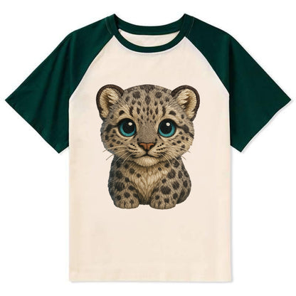 Baby Snow Leopard Cub - gray spotted, thick fur, blue-green eyes, - Contrast Raglan T-shirt - Green