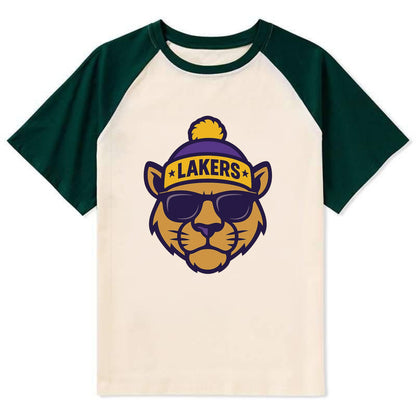 LA Mountain Lion wearing Lakers purple and gold beanie with championship - Contrast Raglan T-shirt - Green