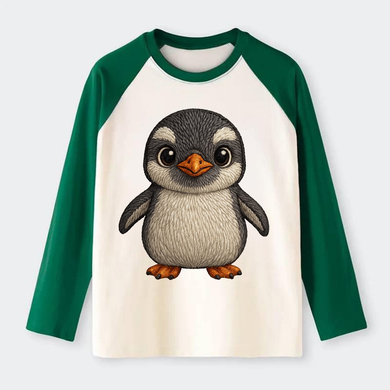 Baby Gentoo Penguin - orange beak, white cap, bright eyes, - Raglan Long Sleeve T-Shirt - Green