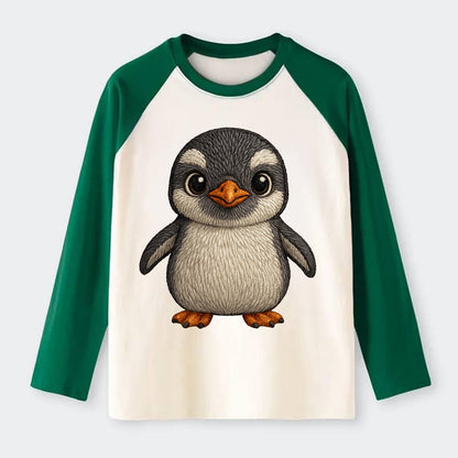 Baby Gentoo Penguin - orange beak, white cap, bright eyes, - Raglan Long Sleeve T-Shirt - Green