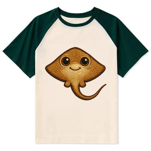 Baby Stingray - flat body, long tail, eyes on top, front-facing, friendly - Contrast Raglan T-shirt