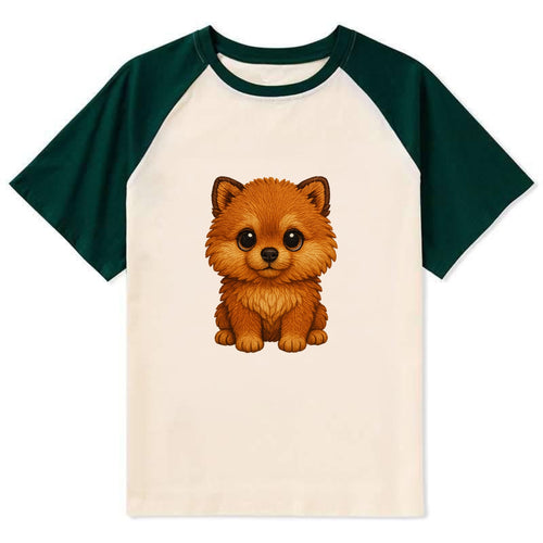 Baby Pomeranian Puppy - fluffy orange ball, fox face, tiny body, bright - Contrast Raglan T-shirt