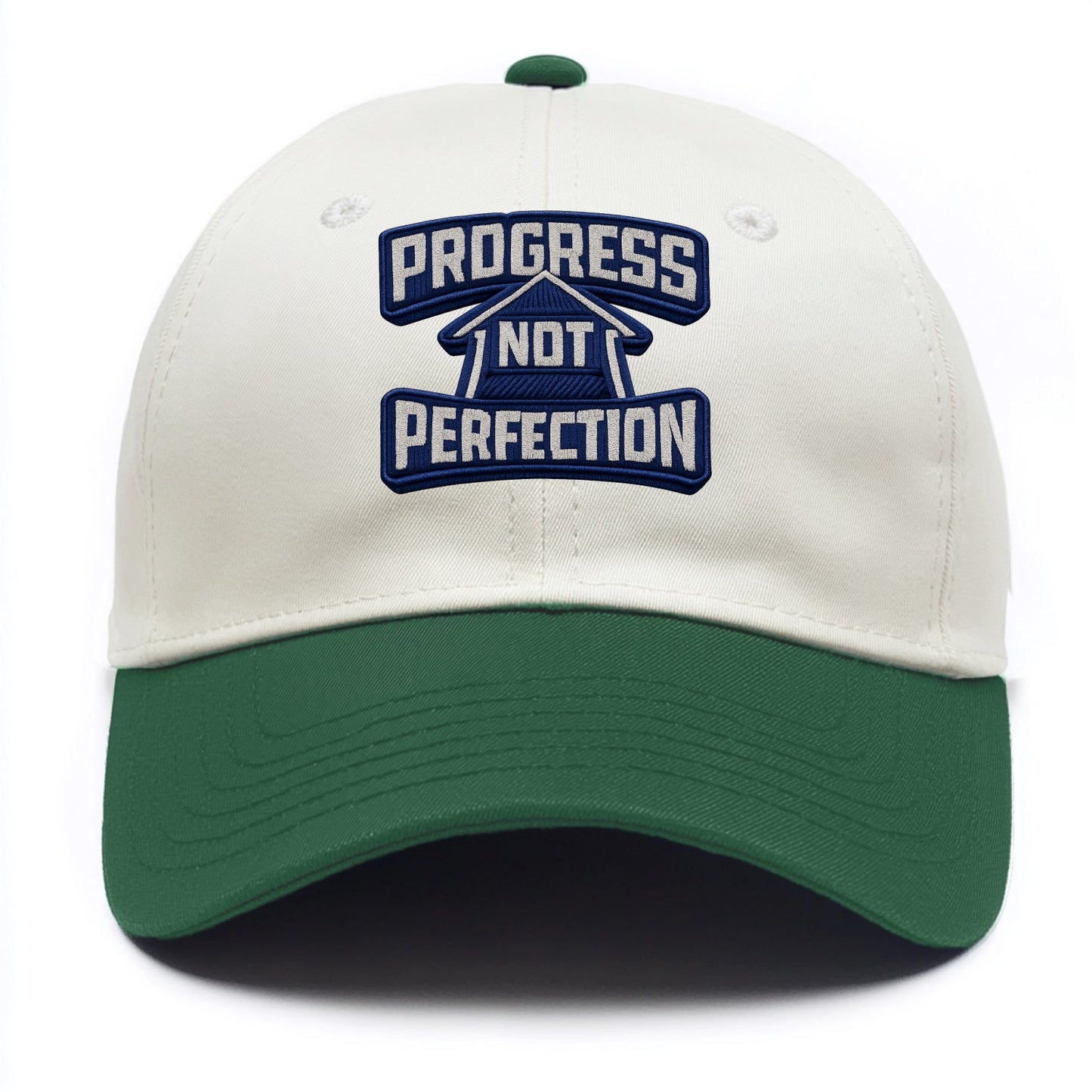 PROGRESS NOT PERFECTION - arrow with text in blue , growth mindset - Two Tone Cap - Green