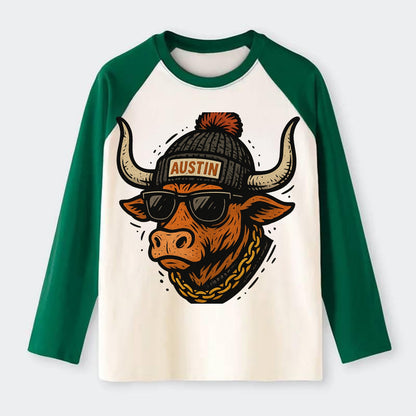 Texas Longhorn wearing Austin beanie with pom pom and wayfarer - Raglan Long Sleeve T-Shirt - Green