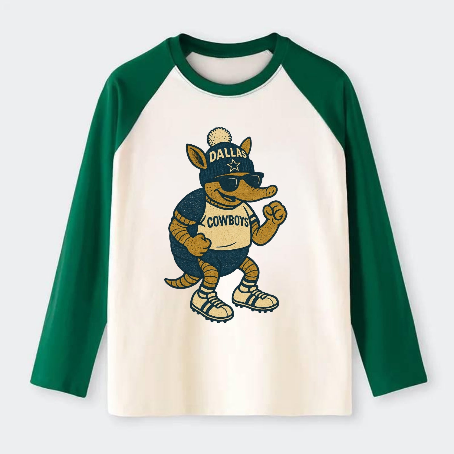 Dallas Armadillo wearing Cowboys beanie with lone star patch and - Raglan Long Sleeve T-Shirt - Green