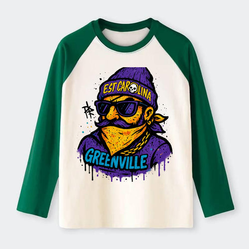 Greenville Pirate wearing East Carolina beanie with skull patch - Raglan Long Sleeve T-Shirt