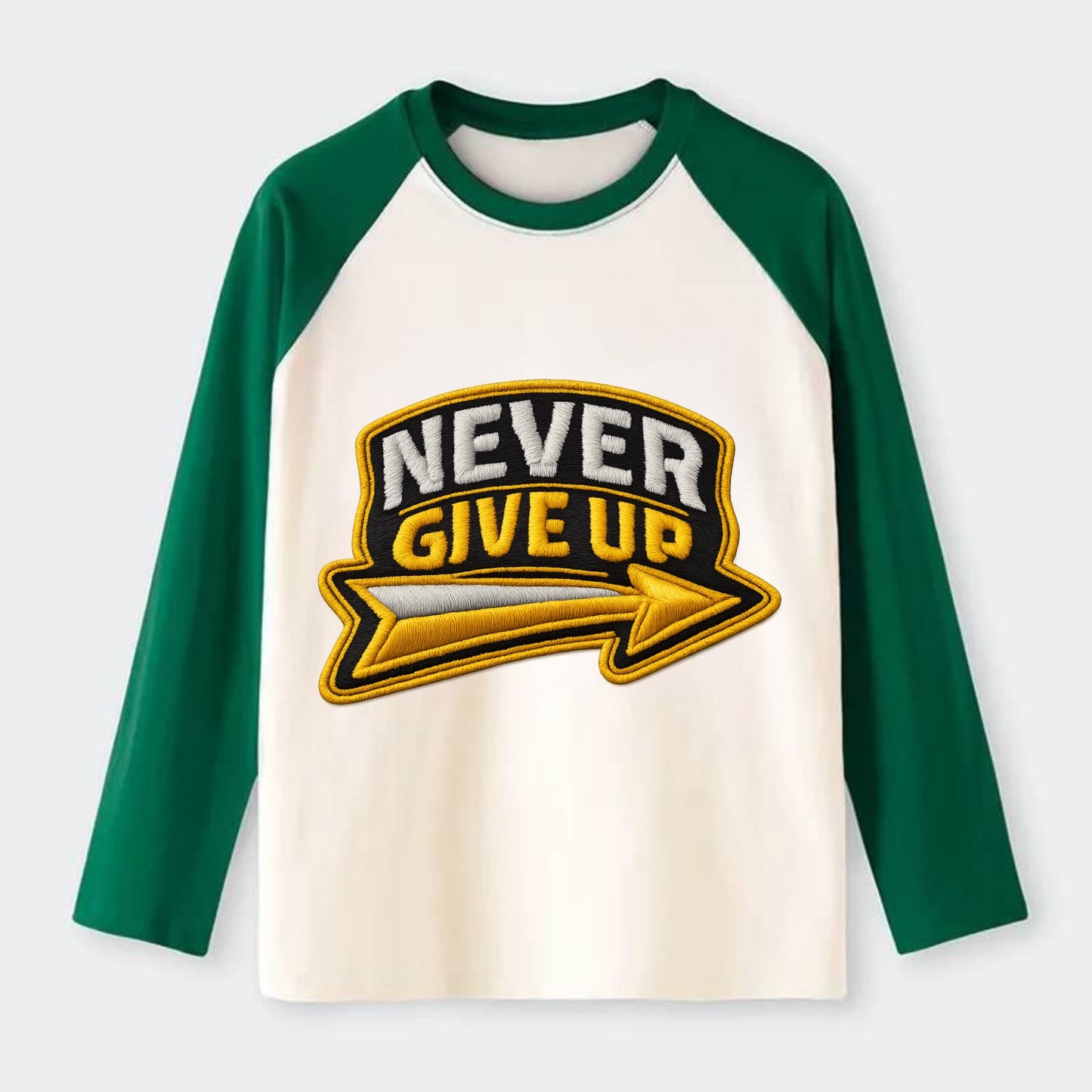 NEVER GIVE UP - bold text with arrow in gold , determination - Raglan Long Sleeve T-Shirt - Green
