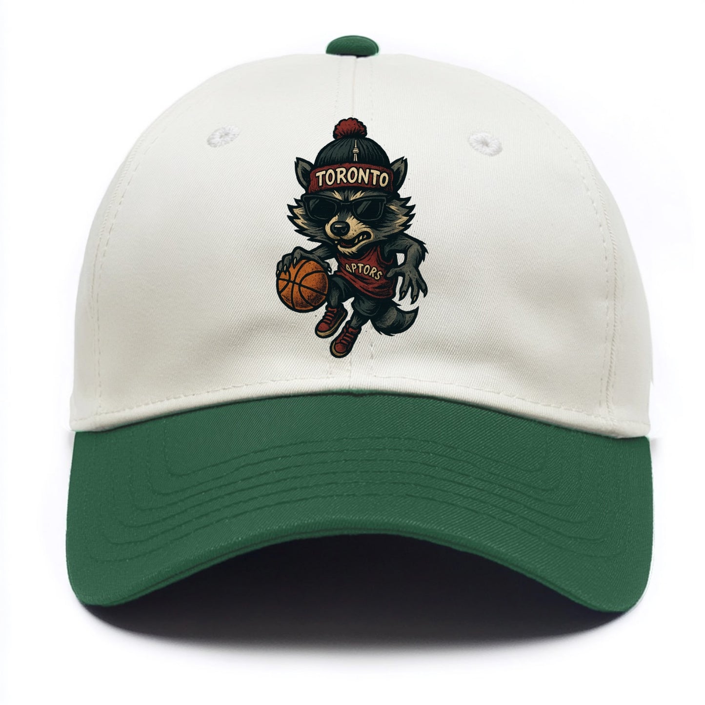 Toronto Raccoon wearing Raptors beanie with CN Tower patch and wayfarer sunglasses - Two Tone Cap - Green