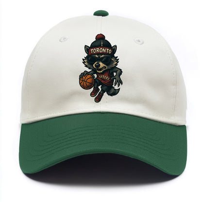 Toronto Raccoon wearing Raptors beanie with CN Tower patch and wayfarer sunglasses - Two Tone Cap - Green