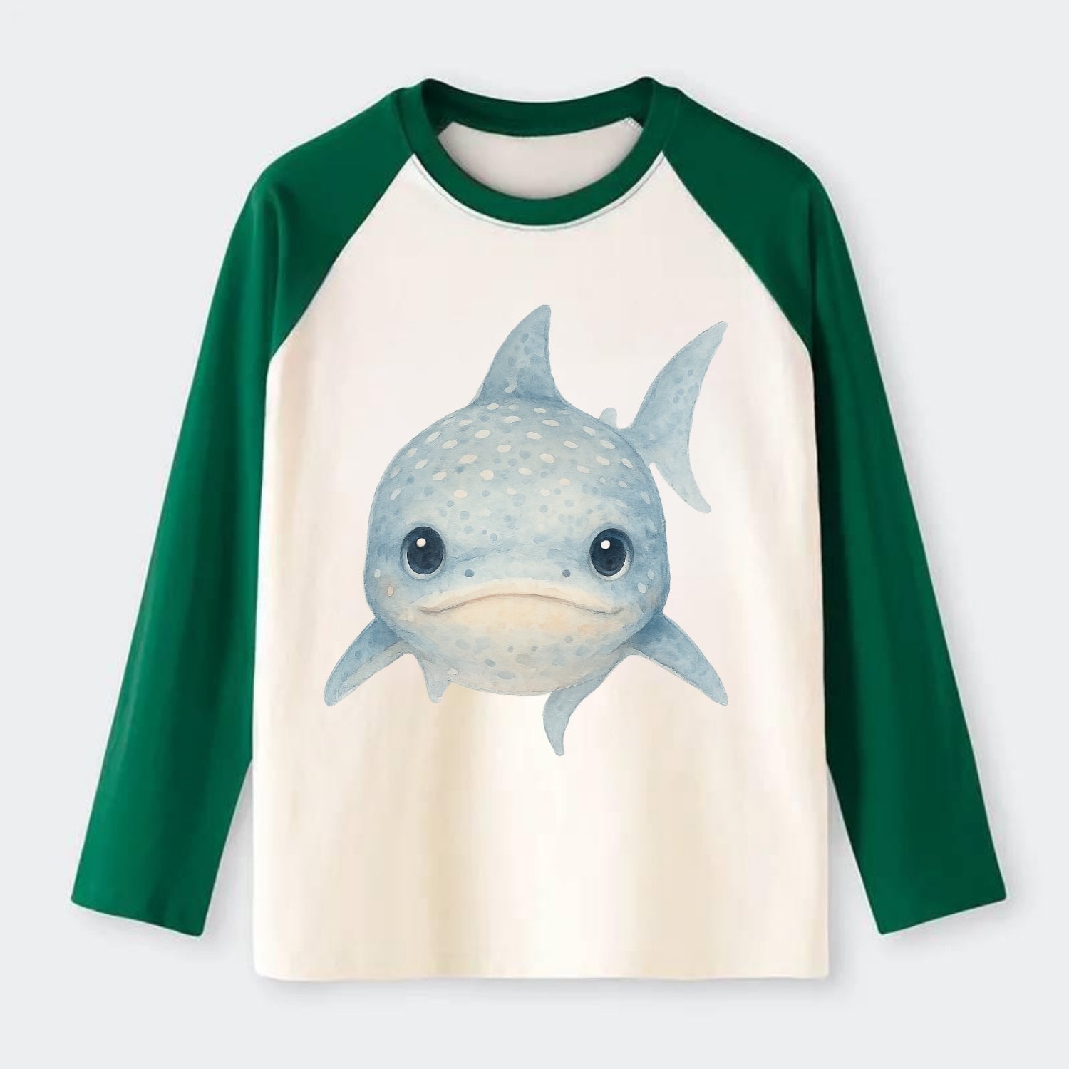Baby Whale Shark - spotted blue-gray, wide mouth closed, tiny eyes, - Raglan Long Sleeve T-Shirt - Green