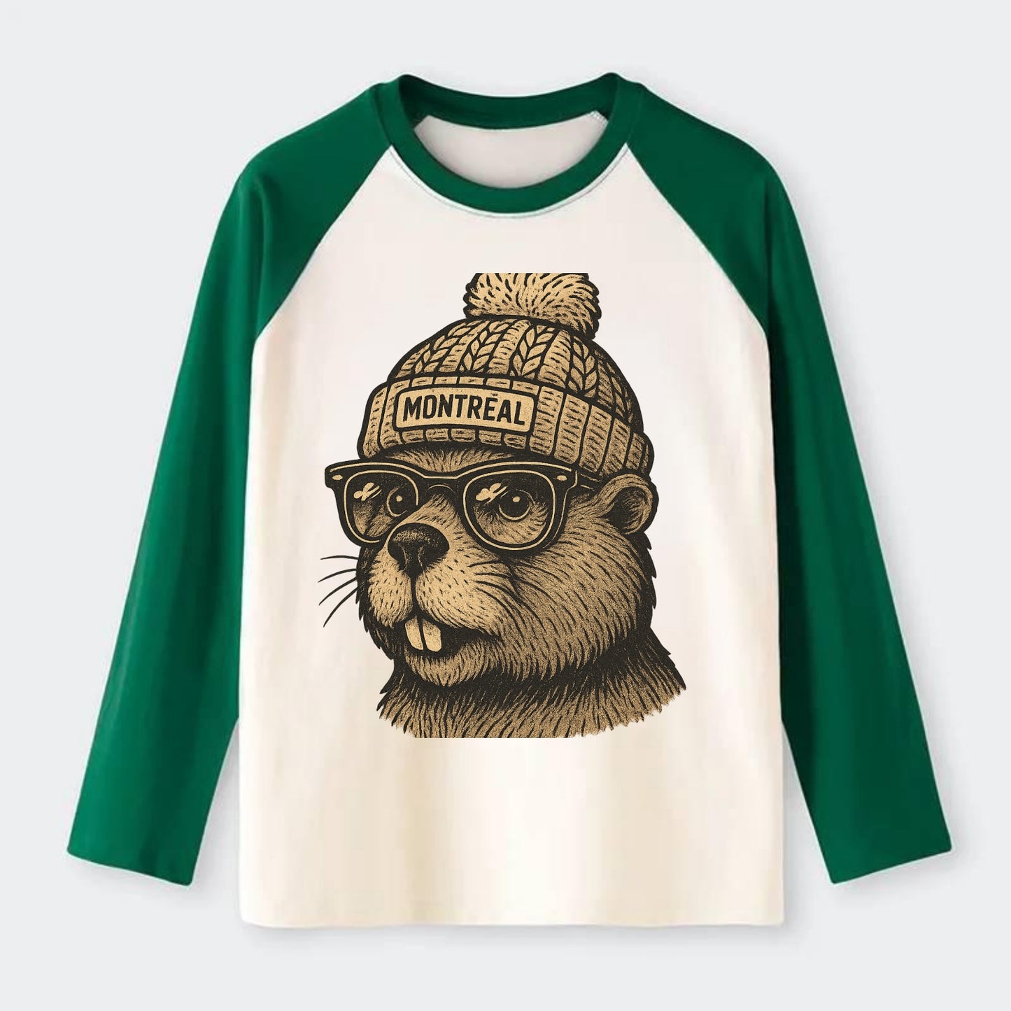 Montreal Beaver wearing Montreal beanie with pom pom and wayfarer - Raglan Long Sleeve T-Shirt - Green