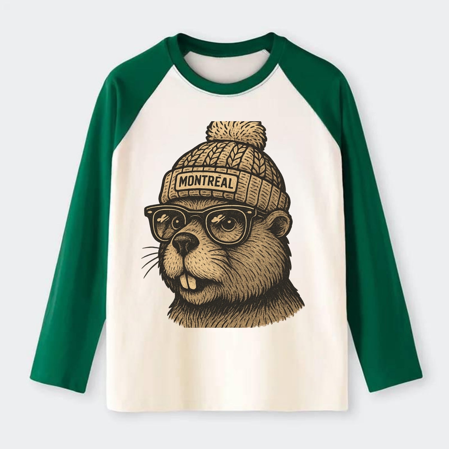 Montreal Beaver wearing Montreal beanie with pom pom and wayfarer - Raglan Long Sleeve T-Shirt - Green