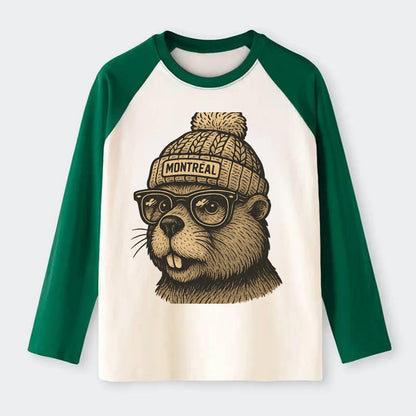 Montreal Beaver wearing Montreal beanie with pom pom and wayfarer - Raglan Long Sleeve T-Shirt - Green