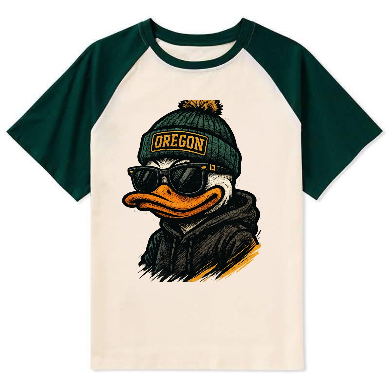 Eugene Duck wearing Oregon beanie with O patch - Contrast Raglan T-shirt - Green