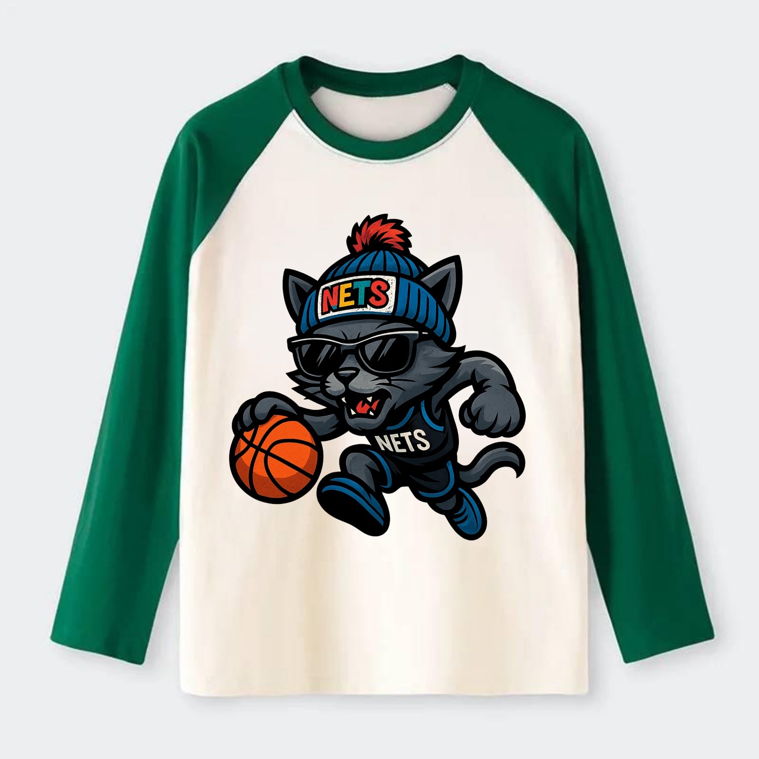 Brooklyn Cat wearing Nets beanie with street art patch and wayfarer - Raglan Long Sleeve T-Shirt - Green