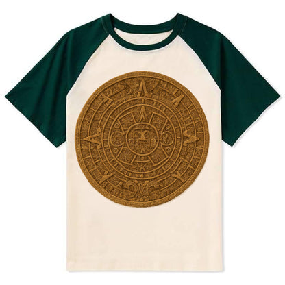 Aztec Calendar  - Contrast Raglan T-shirt - Green
