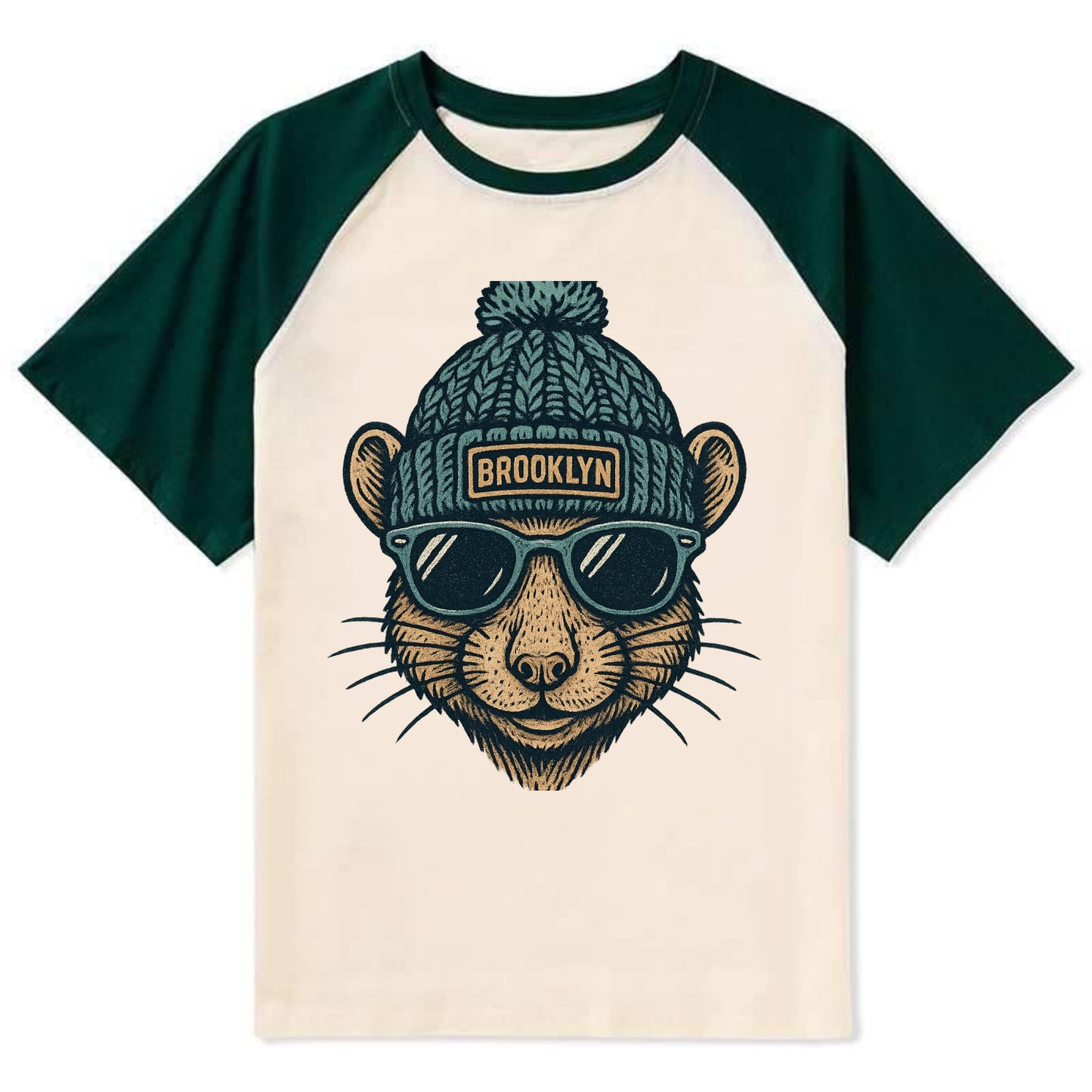 NYC Rat wearing Brooklyn beanie with pom pom and wayfarer sunglasses - Contrast Raglan T-shirt - Green